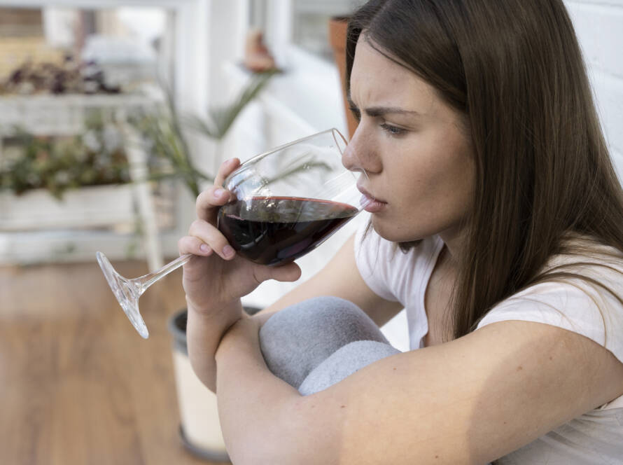 Bodegas Muñoz vista lateral preocupada mujer bebiendo vino